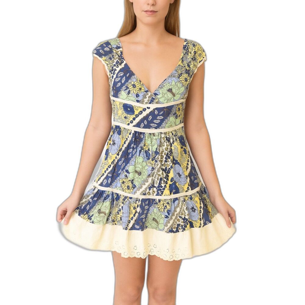 Free People Blue Green Floral Print Eyelet Trim Cap Sleeve Mini Sundress Size 8